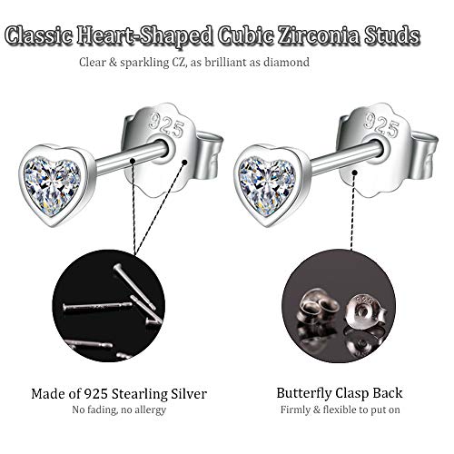 Sterling Silver Small Stud Earrings for Women Men, 3 Pairs of Tiny Heart Shaped Cubic Zirconia Earrings White Gold Plated CZ Cartilage Tragus Earrings(2mm/3mm/4mm)2