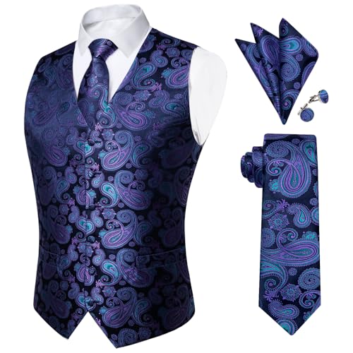 Image of DiBanGu Mens Paisley Vest Silk Sleeveless Suit Vest and Neck Tie Pocket Square Cufflinks Set for Wedding Formal