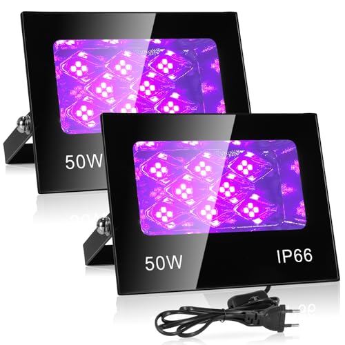 VAYALT 2 PCS 50 W LED Luz Negra, Potente Foco UV, IP66 Impermeable Luz UV, 395-405 nm Lámpara UV con Interruptor para Fiesta de Navidad, Luz Nocturna, Fiesta de Neón, Halloween, Black light Party