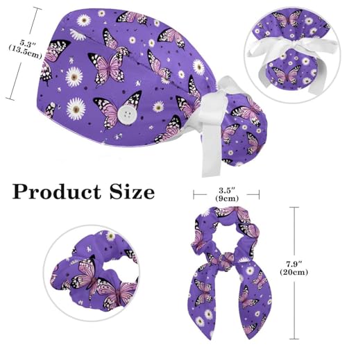 Image of Colored Butterflies Scrub Caps Women Ponytail, Adjustable Bouffant Surgical Caps with Button, Nurse Hats Long Hair