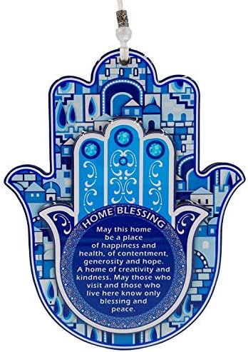 Hamsa Hand Wall Decor Home Blessing Jerusalem Blue Oriental Design Evil Eye Protection Amulet (English Blessing)