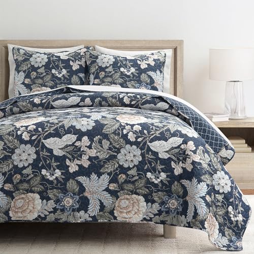 Lush Decor Sydney Reversible Cotton Quilt Set, 3 Piece Set, Full/Queen, Navy & Multi - Cotton Bedding Set - Navy Floral Quilt - Cottage Decor - Bedding Queen Size