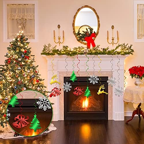 HONMOK 30 Pieces Christmas Ceiling Hanging Decorations,Xmas Hanging Foil Swirl,Christmas Dangling Decorations,Christmas Tree Jingle Bell Reindeer Snowflake Streamers,for Xmas Party Supplies