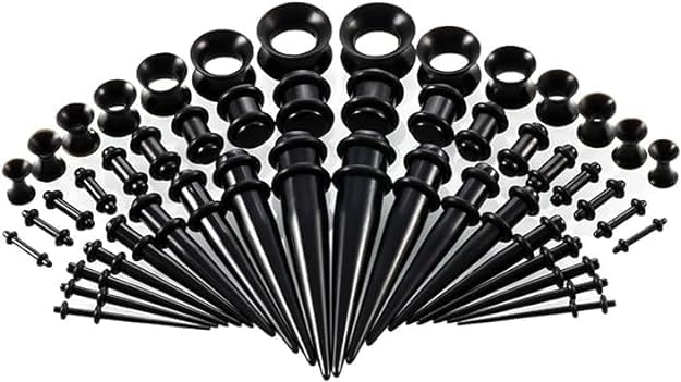 JJLFresheners 50Pcs Black Pieces Ear Stretching Kit, Acrylic Tapers Plugs and Silicone Tunnels, Ear Gauges Expander Set Body Piercing Jewelry for Women Men Christmas Birthday Gifts Piercing Jewelry