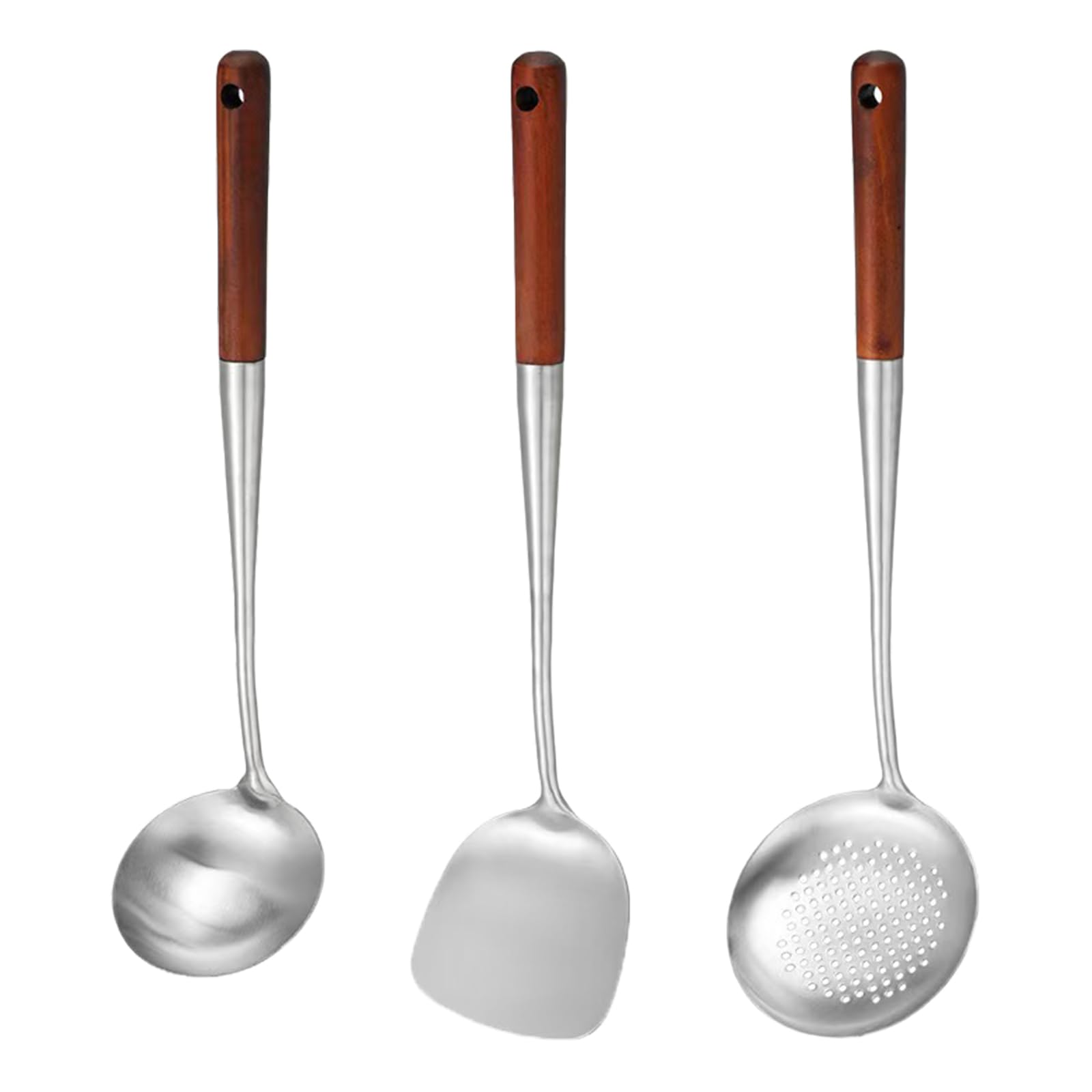 3 PCS Wok Spatula Sets, Wok Shovel Resistant Wood Kitchen Utensil Stainless Steel Long Handle Ladle Tool Cooking Utensils Set for Woks Cookings