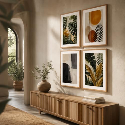 Image of Livin'luxe Set of 4 Tropical Botanical & Geometric Abstract Wall Paintings with Sparkle Laminate and Premium Wooden Synthetic Frame for Living Room Bedroom Office Decor (13.5 x 19.5 Inch)