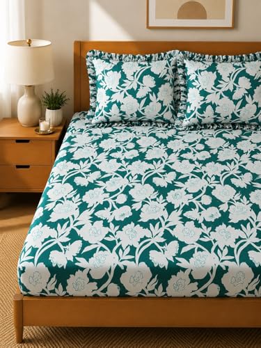 Image of 380 TC Premium Glace Cotton Elastic Fitted Bedsheet King Size with 2 Pillow Covers King Size | Double Bed with All Around Elastic (GreenWhite, Fitted Queen-60x78)