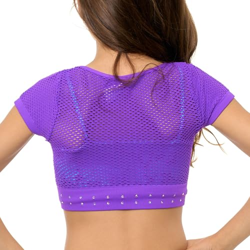 Image of Malibu Sugar Girls Mesh Crop Top Sparkling Rhinestone Dance Outfits for Girls - Short Sleeve Breathable Activewear Ages 7-14
