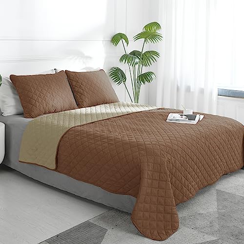 Easy-Going Twin Size Reversible Quilt Set with 1 Quilt and 1 Pillow Sham, Soft Bed Quilt Cover, Water Resistant Lightweight Microfiber Bedspread, Stain Resistant, Brown/Beige