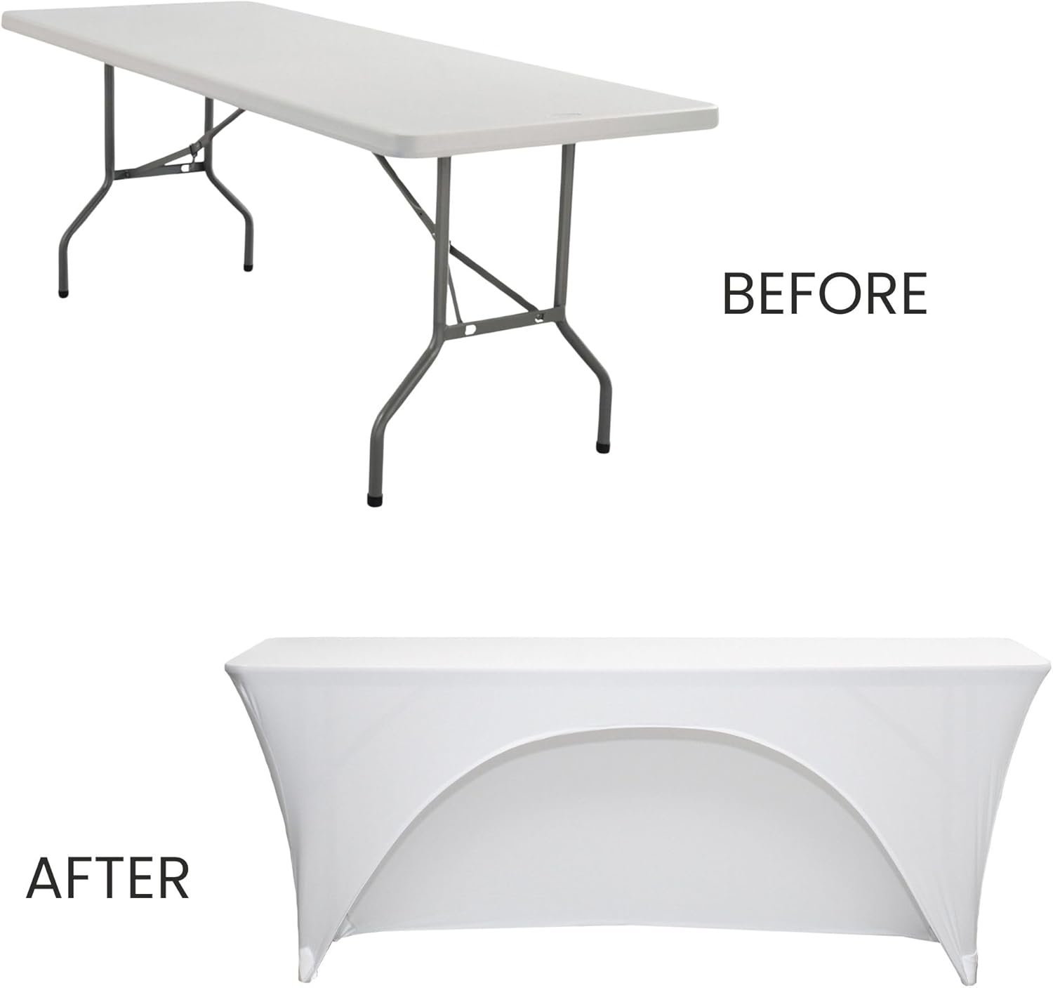 Your Chair Covers - Stretch Spandex 8 Ft Open Back Rectangular Table Cover White, 96" Length x 30" Width x 30" Height Fitted Tablecloth for Standard Folding Tables