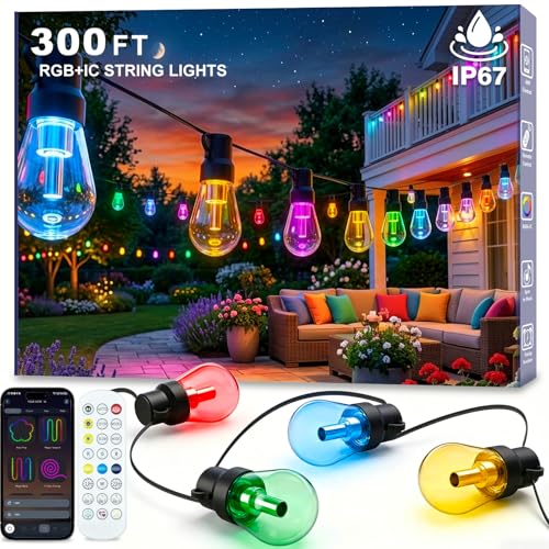 Image of Beizelte Outdoor String Lights, 290FT RGB+IC Outside Light Dimmable Shatterproof LED Bulbs, IP67 Waterproof Chasing Effect Lighting DreamColor Patio Strip Lights for Backyard, Balcony, Outdoor Living