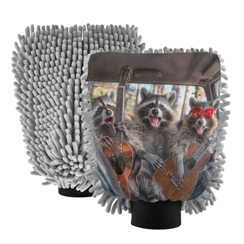 Kigai Cute Raccoon Playing Guitar Car Wash Mitt Microfiber, 2Pcs Scratch Free Lint-Free, Premium Chenille Microfiber Mitt Car Wash Brush-L