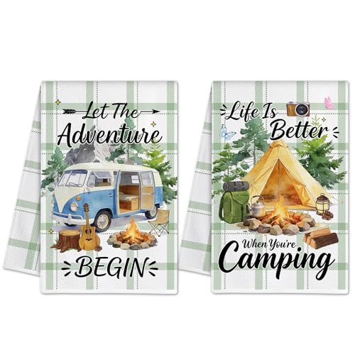 Hexagram Camping Kitchen Towels Set of 2, Camping Decor Gifts for Women, Funny Cute Housewarming Dish Hand Towels for Home Kitchen Decor
