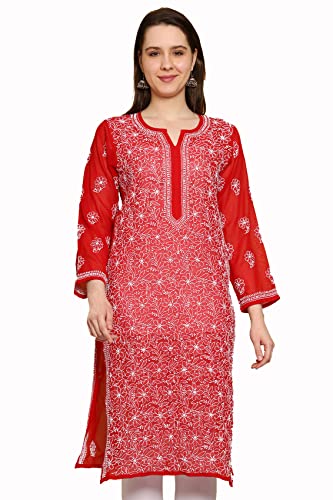 Image of Ada Lucknow Chikankari Hand Embroidered Faux Georgette Kurta Kurti Tunic Dress for Women A95504