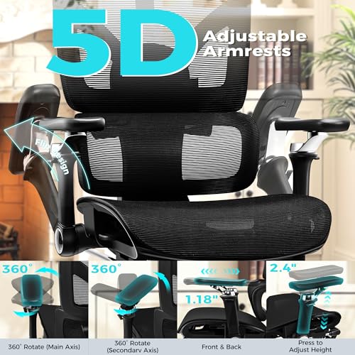Image of Ergonomic Mesh Office Chair with Footrest, Big and Tall Home Desk Chair with 5D Flip-Up Arms, Adjustable Lumbar Support, Gaming & Executive Computer Chairs, Black
