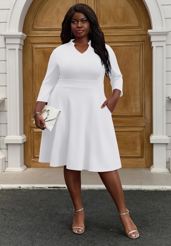 Church Dress for Women V Neck 3/4 Sleeve Midi Causal Cocktail Party A-Line Dresses with Pockets2