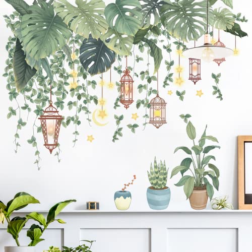 Wajade Wall Stickers Tropical Green Potted Plants Wall Murals Monstera Deliciosa Stars Wall Murals Removable Self-Adhesive Decals Art for Bedrooms Living Rooms