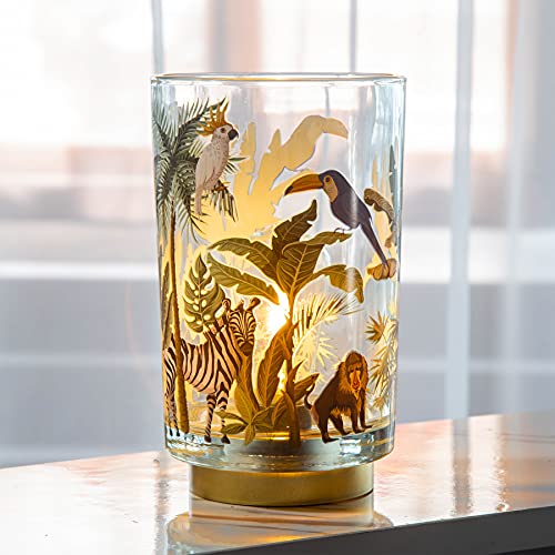 MJ PREMIER Lampe de table à piles avec fonction minuterie, lampe de table en verre avec motif jungle et animal - Lampe de chevet pour salon, chambre à coucher, salle à manger