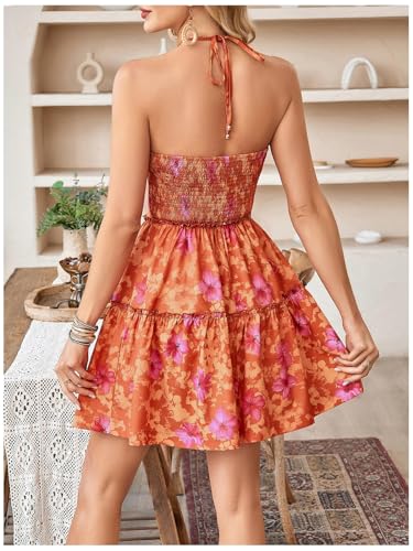 Image of Floerns Women's Floral Sleeveless Halter Dress Milkmaid Flare Hem Boho Mini Dress