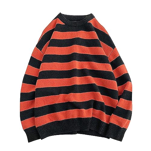 Mens Striped Sweater Knit Ribbed Color Block Fall Pullover Round Collar Jumper Tops Long Sleeve Loose Sweater