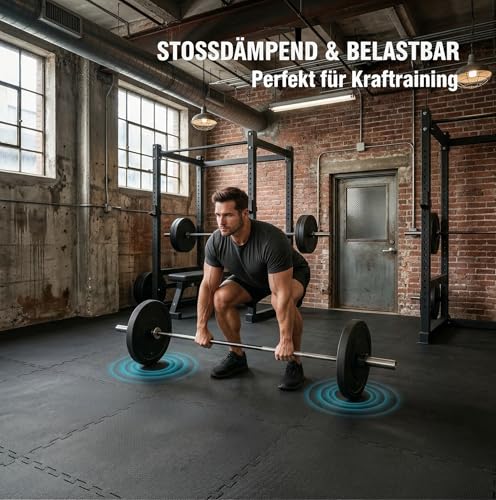 Bodenschutzmatte 60x60x1cm – Eva Puzzlematte für Fitness, Heimtraining & Pool – strukturierte Oberfläche, stoßdämpfend – 12/48 Teile – Sportmatte, Turnmatte, Unterlegmatte Grau & Schwarz