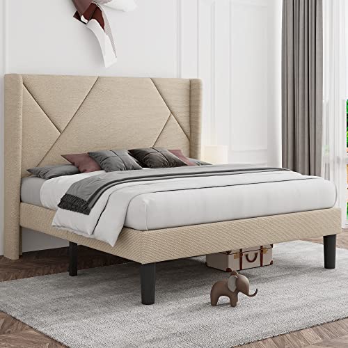 Feonase Full Size Platform Bed Frame With Wingback, Geometric Upholstered Bed Frame With Fabric Headboard, Solid Wooden Slats, No Box Spring Needed, Easy Assembly, Noise-Free, Beige #TOP7