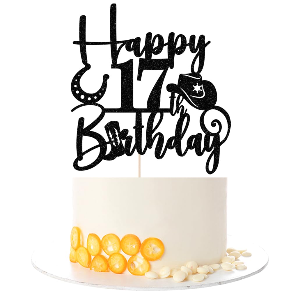 Kaoenla Glitter Black "Happy 17th Birthday" Cowboy Themed Cake Topper - Western Style Party Decoration for 17th Birthday & anniversary photo props Celebration