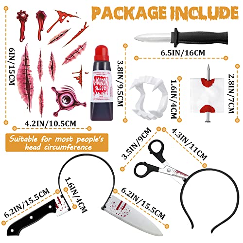 18Pcs Halloween Headband Set, Scary Costumes Props Knife Through Head Fake Vampire Teeth Bloody Nail Bleeding Wound Tattoo Stickers for Halloween Zombie Hair Accessories Photo Props Cosplay Party