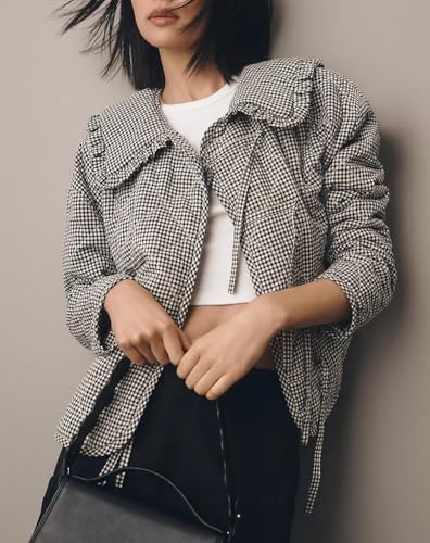 Women's Cropped Plaid Quilted Jacket Tie Front Lightweight Ruffled Lapel Collar Puffer Padded Coats with Pockets2