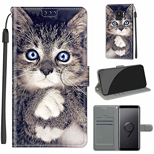 nancencen Funda compatible con Samsung Galaxy S9 / SM-G9600, almacenamiento de tarjetas [función Stand] antiarañazos, piel sintética, diseño retro de gato gris