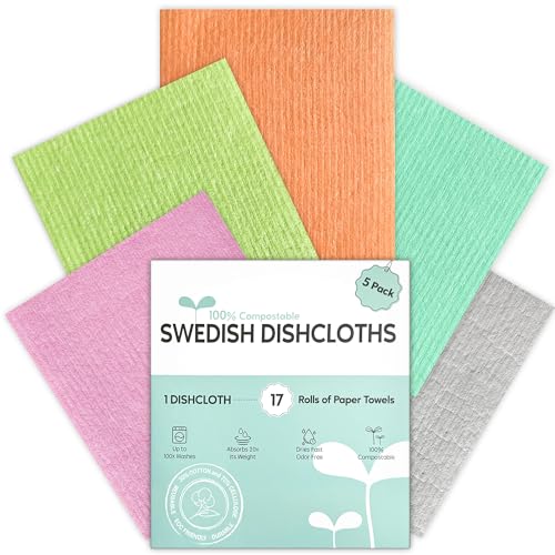Auggee Swedish Dishcloths for Kitchen 5 Pack Swedish Dish Cloths Ultra Absorbent Reusable Paper Towels Cellulose Sponge Cloths Quick Drying No Odor Dishwasher Safe