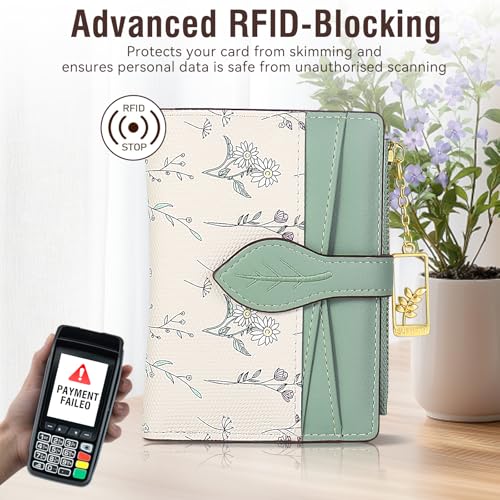 Wallets for Women- RFID Blocking- Soft PU Leather Bifold Coin Zipper Pocket Purse-Small flower wallet Credit Card Holder with ID Window (Green)4