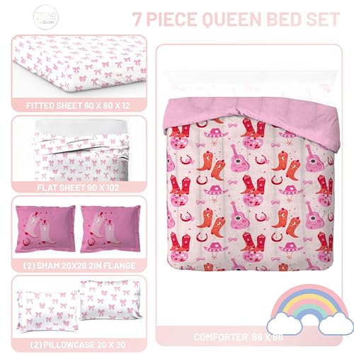 Image of Trend Collector Cowgirl Queen Comforter Set 7 Piece Kids Bedding, Pink | Bed in a Bag, Comforter Sheets Shams Pillowcases, Soft Microfiber, Easy Care Machine Washable, Girls Gift