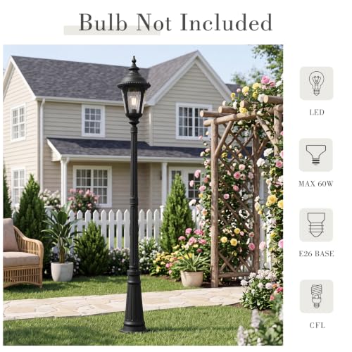 Image of Emliviar 87 Inch Large Street Lamp, 1-Head Outdoor Lamp Post Light with Water Ripple Glass, Black Waterproof Pole Lights for Garden, Pathway, Backyard, Driveway, XE265PL-M-SW BK
