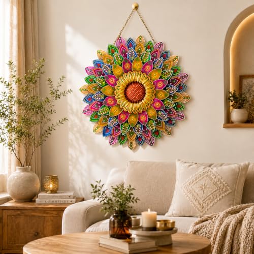 Image of SETHI AESTHETIC Metal Sunflower Wall Decor - Artistic Metal Wall Art Antique Rainbow Finish Stylish Daisy Flower Wall Art, Decorative Wall Decor for Living Room, Foyer, Home Decor, Size 54X54 CM (Rainbow bloom)
