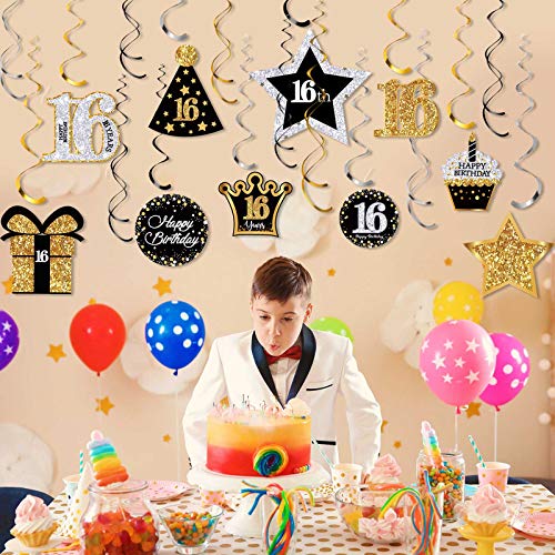 Image of Frienda 30 Pieces 16th Birthday Party Decorations Birthday Party Decorative Cards and Hanging Swirls Ceiling Decorations Shiny Celebration Hanging Swirls Decorations for Birthday Party Supplies