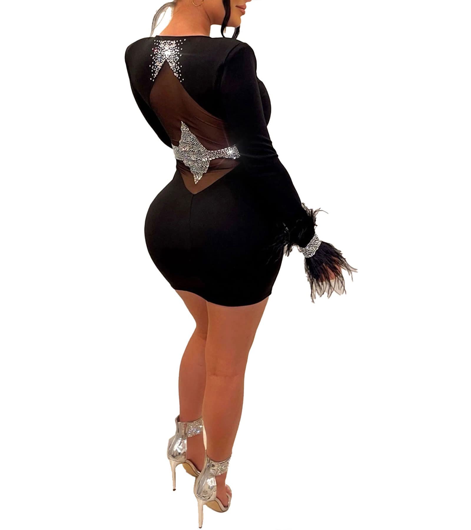 Jigfar - Vestido sexy de malla con diamantes de imitación para mujer, transparente, ajustado, para fiesta de cumpleaños, discoteca, noche, B Negro, XL
