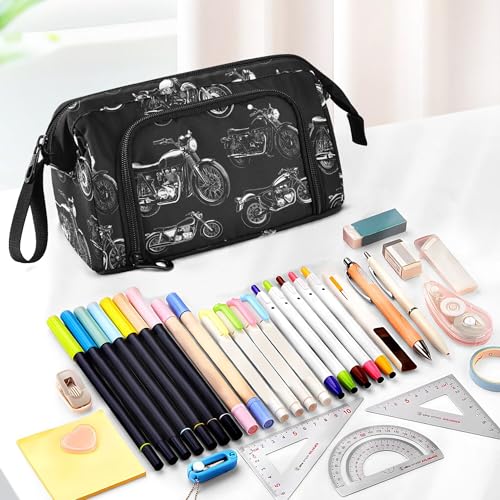 Image of Fisyme Black White Motorcycles Pencil Case Large Capacity Pen Bags Box Big Makeup Pouch Organizer
