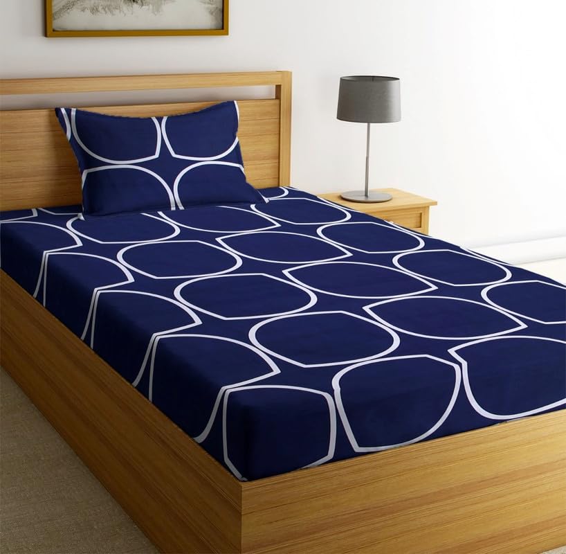 Image of NHD HOME Premium Glace Cotton 180 TC Botanical Flat Single Bedsheets Breathable | Wrinklefree (Size-60 X 90 Inch) With 1 King Size Pillow Covers (Size-17 X 27 Inches, Navy Blue & White)