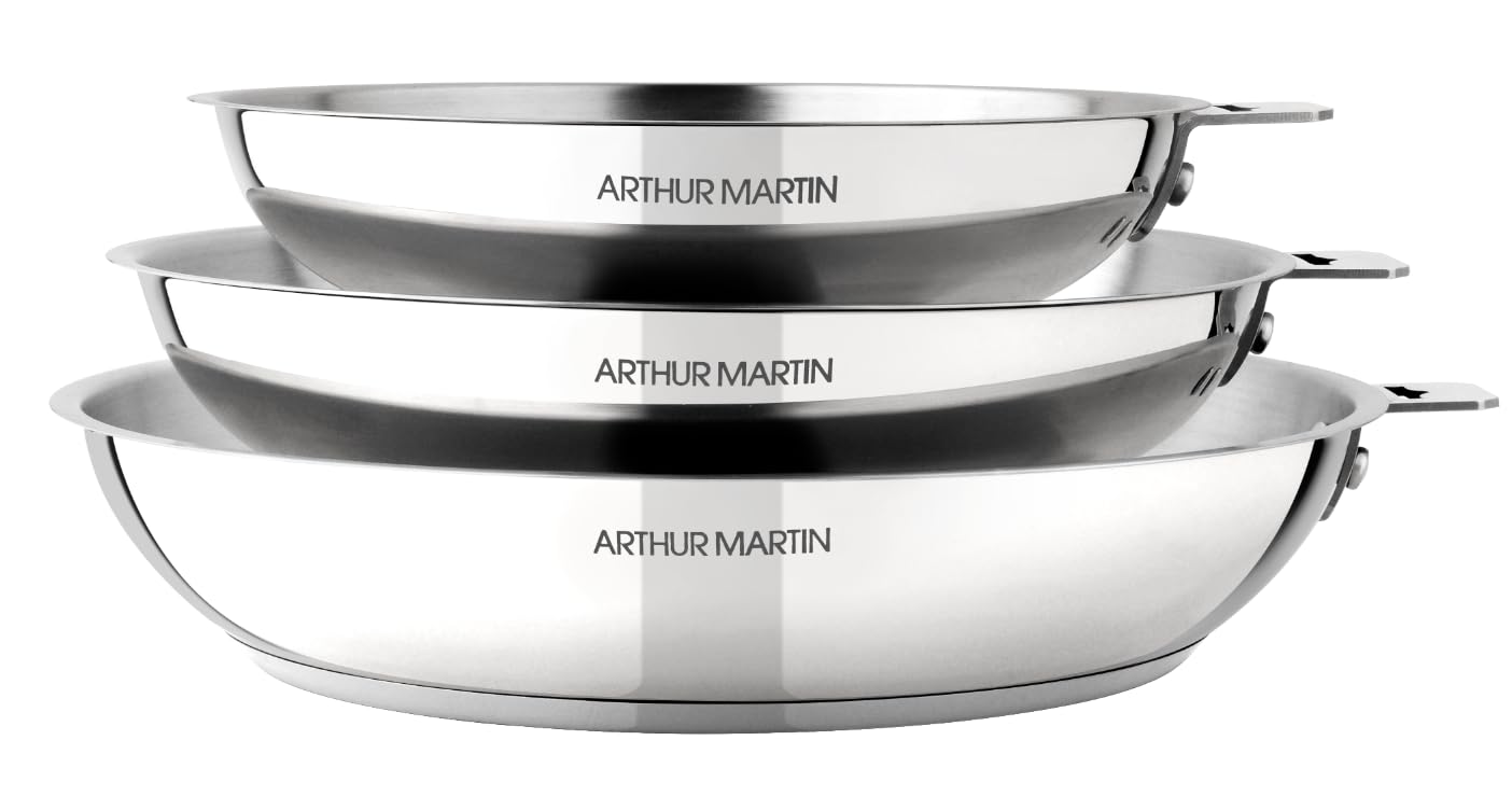 Arthur Martin – Juego de 3 sartenes para cocinar freír Sauter – Mango extraíble – Acero inoxidable interior satinado – Base cápsula para todo tipo de luces de inducción de gas eléctrico – 20-24-28 cm