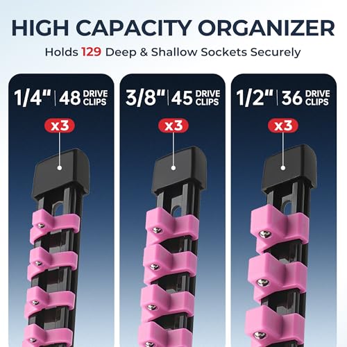 Image of Reniteco 9-Pack Socket Organizer Set, 1 /4 inch x 48 3 /8 inch x 45 1 /2 inch x 36 Clips | 129 Clip Capacity, Havy-Duty ABS Socket Rails, Removable Clips, Drive Socket Storage, Toolbox Drawer or Wall Mount