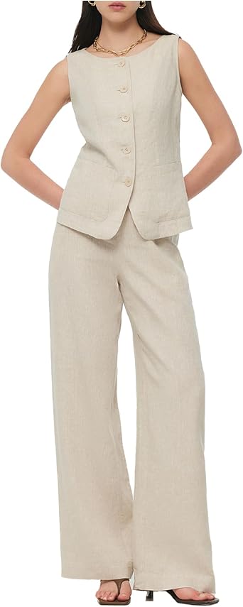 GOELIA Two Piece Sets for Women Summer Beach Vacation Dressy Vest Tops and Pants Matching Set Linen Sets for Women 2 Piece