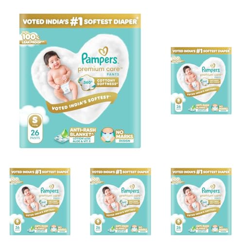 Image of Pampers Premium Care Pant Style Baby Diapers S 26 Count | No Marks Design | Voted India's #1 Softest Diaper | All in 1 diaper with 360 Cottony Softness (Pack of 5)