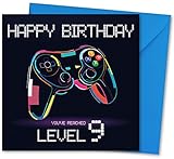 Carte d'anniversaire 9 ans avec enveloppe assortie. Motif manette de jeu....