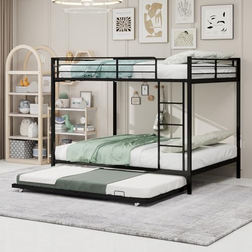 Durable Square Tube Iron Bunk Bed with Safety Rails, Modern
