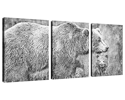 Mother Bear And Baby Bear Wall Art Canvas Wildlife Wall Decor Sketch Art Pictures On Wall Art For Home Office Decorations Living Room Bedroom And Kitchen Decor 3 Pcs Framed Canvas Prints 12X16Inches #TOP18