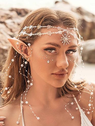 Aukmla Star Boho Head Chain with Fairy Elf Ear Pearl Tassel Headpiece Hair Chains Jewelry Halloween Costume Festival Headband Hair Accessories for Women and Girls