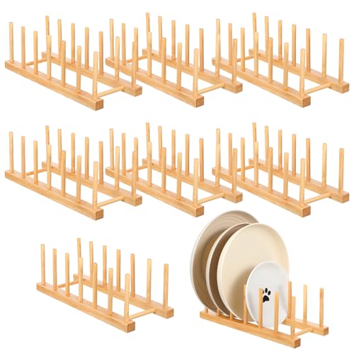 Meyeyaia 8 Pack Bamboo Wooden Dish Drying Rack Plate Organizer Rack Wood Pot Lid Holder Stand, Kitchen Counter Cabinet Space Storage for Dish/Plate/Bowl/Cup/Book/Pot Lid/Cutting Board