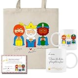 ELISA BOTELLA Pack Personalizado Reyes Magos con Bolsa Tote y Taza de Cerámica personalizada con nombre y texto, Nota de Agradecimiento de los Reyes magos