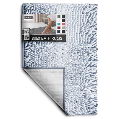 Hearth & Harbor Bathroom Rugs, Chenille Bath Mat - Machine Washable Bath Mats for Bathroom Non-Slip Backing Rubber, Quick Dry Bathroom Mat, 17 x 24 - Ombre Blue